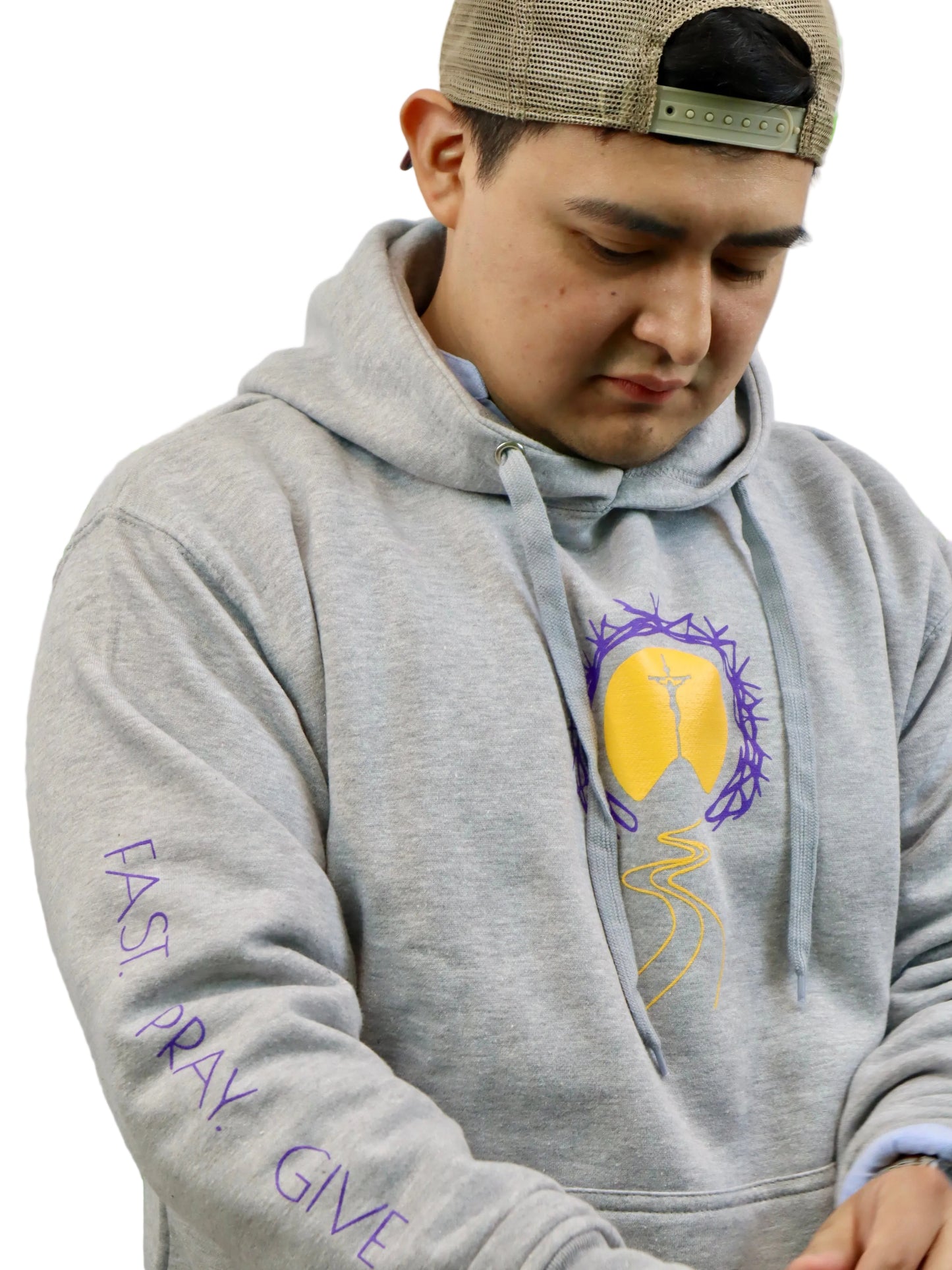 Unisex Lenten Reflection Hoodie: Fast. Pray. Give (Gray)