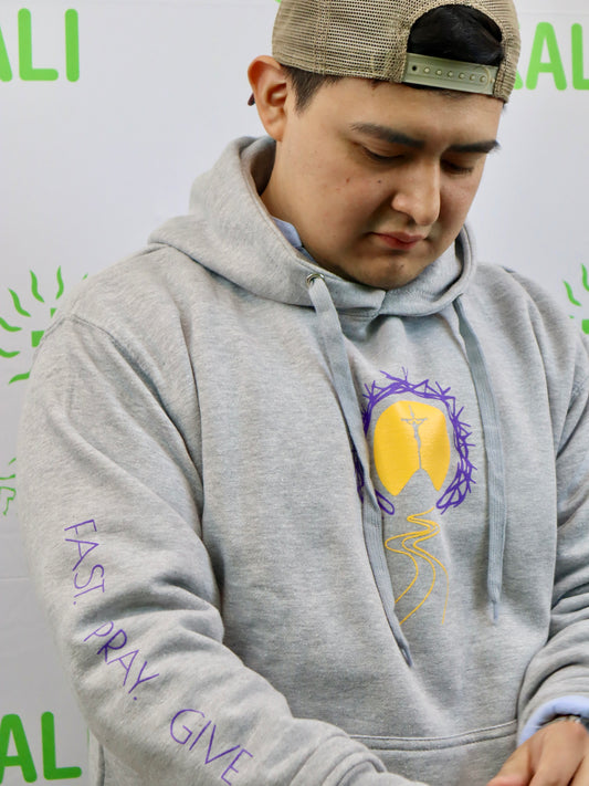 Unisex Lenten Reflection Hoodie: Fast. Pray. Give (Gray)
